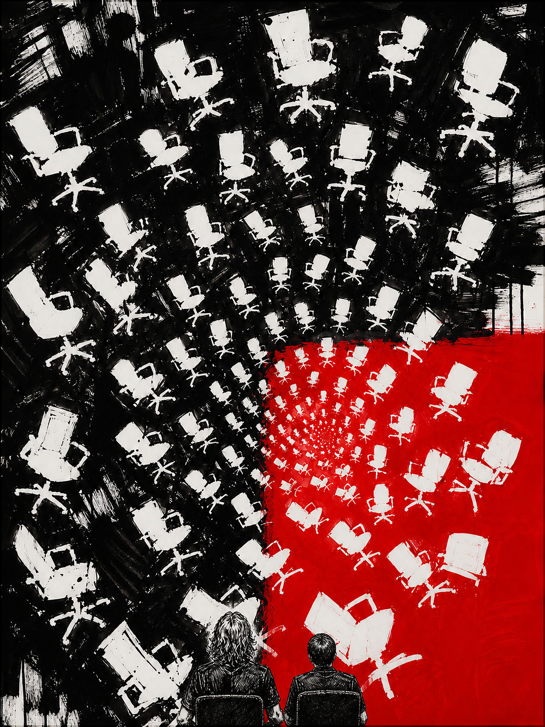 Dozens of empty white office chairs scattered across a black field, a solid red wedge opening through their center, and two small seated figures watching from the bottom edge.