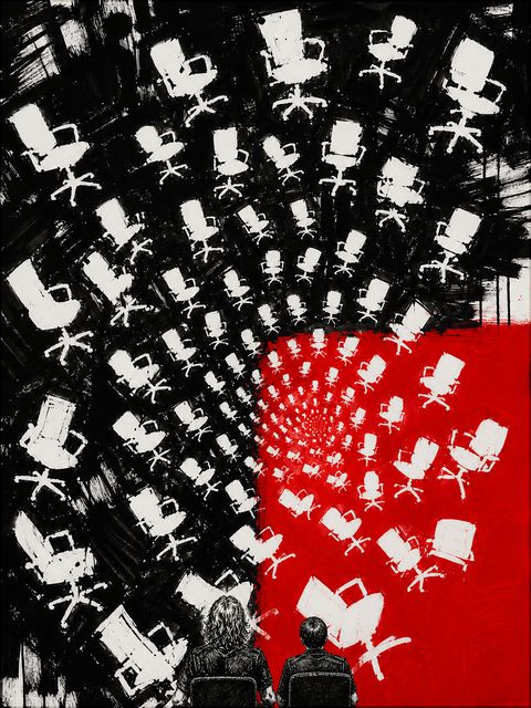 Dozens of empty white office chairs scattered across a black field, a solid red wedge opening through their center, and two small seated figures watching from the bottom edge.
