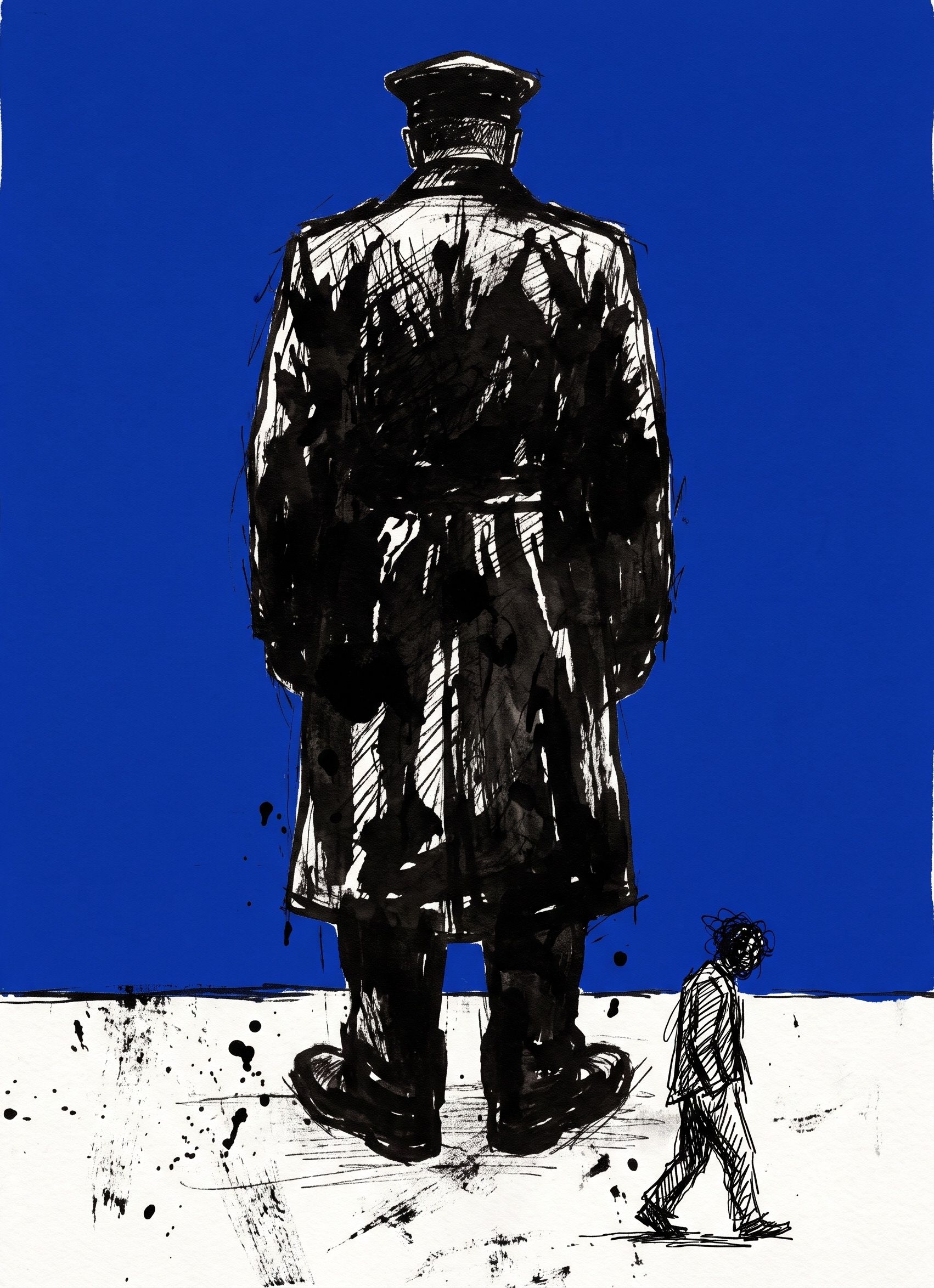 A colossal uniformed doorman in a field of blue, seen from behind at rigid attention, while a small man walks past his boots without looking up.