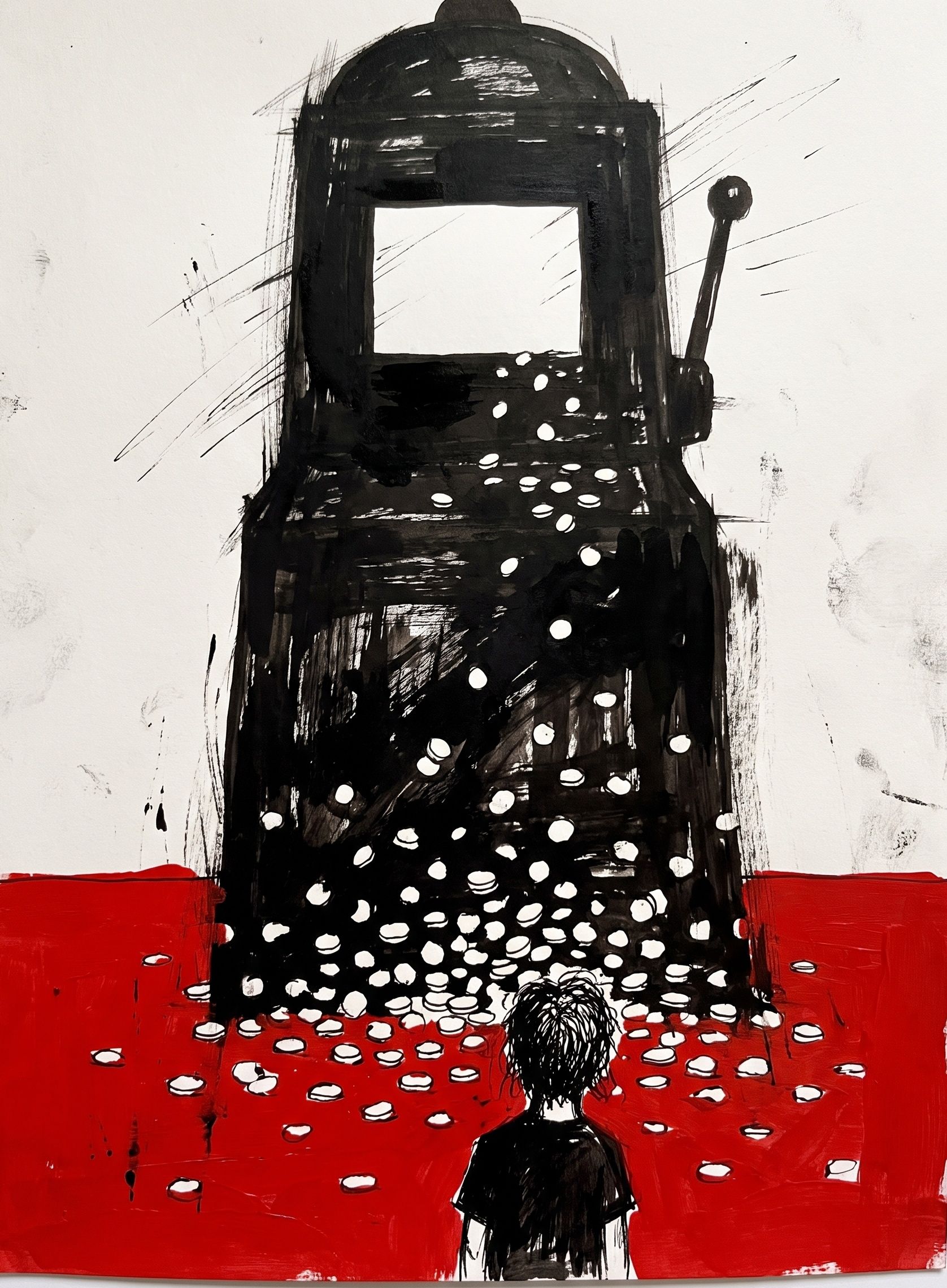 A small figure stands in a field of red, facing a towering black slot machine overflowing with coins.