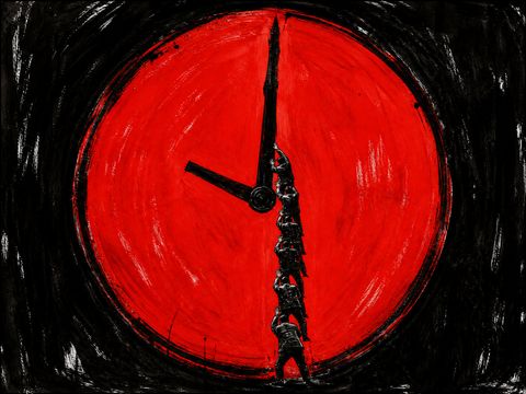 A giant clock face in cadmium red scratched out of black, minute hand at twelve; a tower of small suited figures stands shoulder-on-shoulder to hold the hand in place.