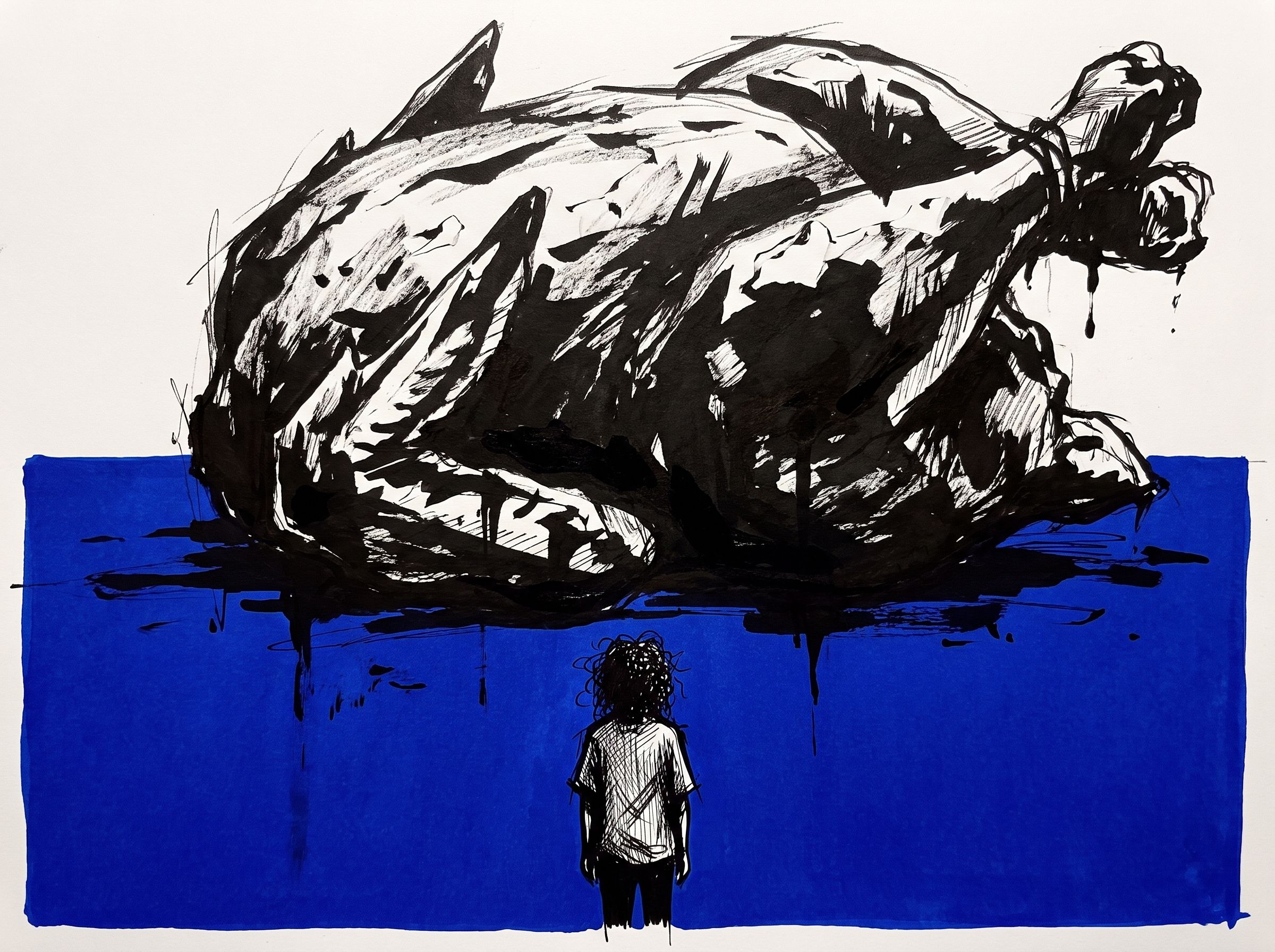 A monumental rotisserie chicken in heavy ink filling the page, a speck-scale figure standing beneath it the way you stand under a statue.