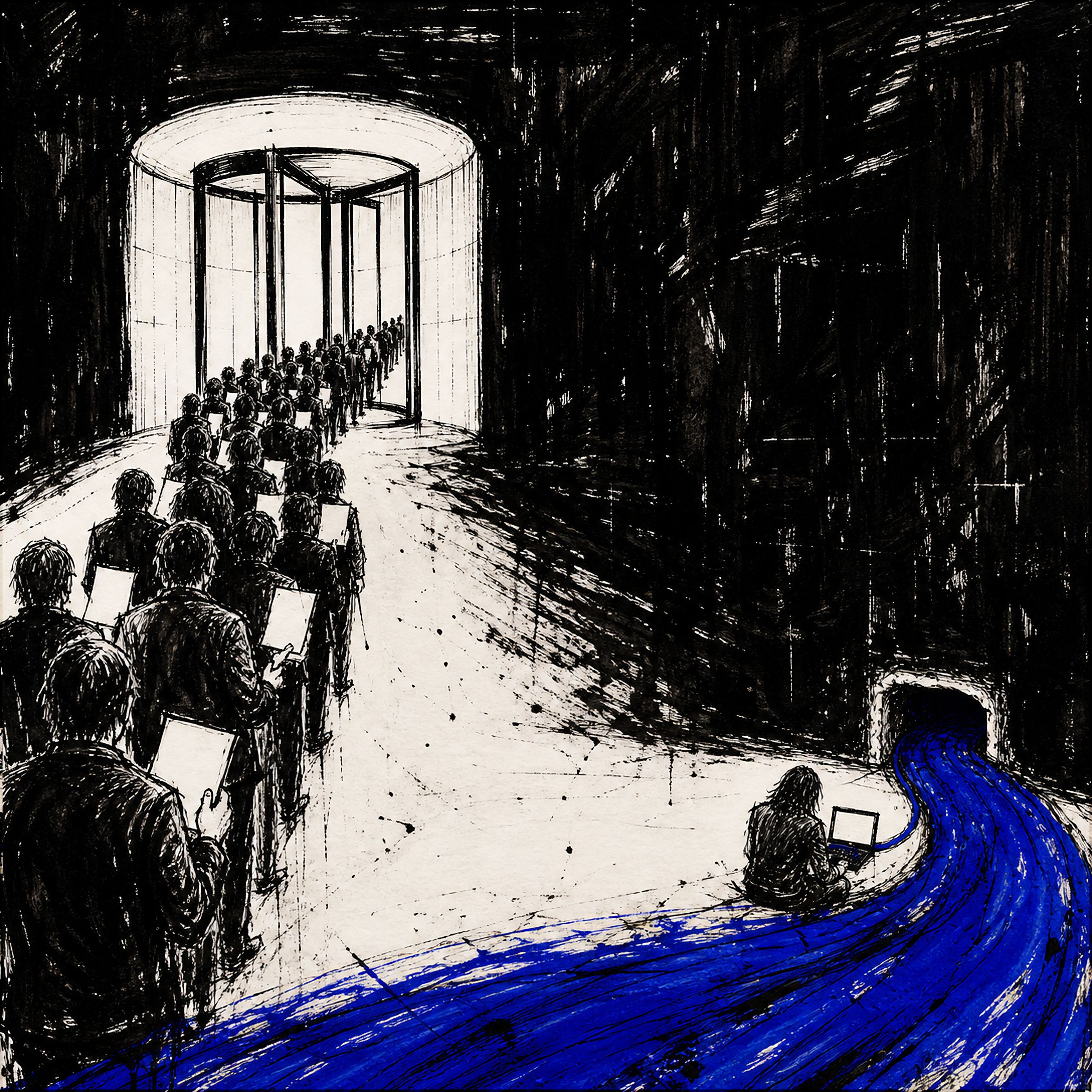 Figures carrying laptops queue in a single-file line toward a lit revolving door, while one figure sits alone on the floor beside a river of ultramarine ink running out of a dark tunnel.