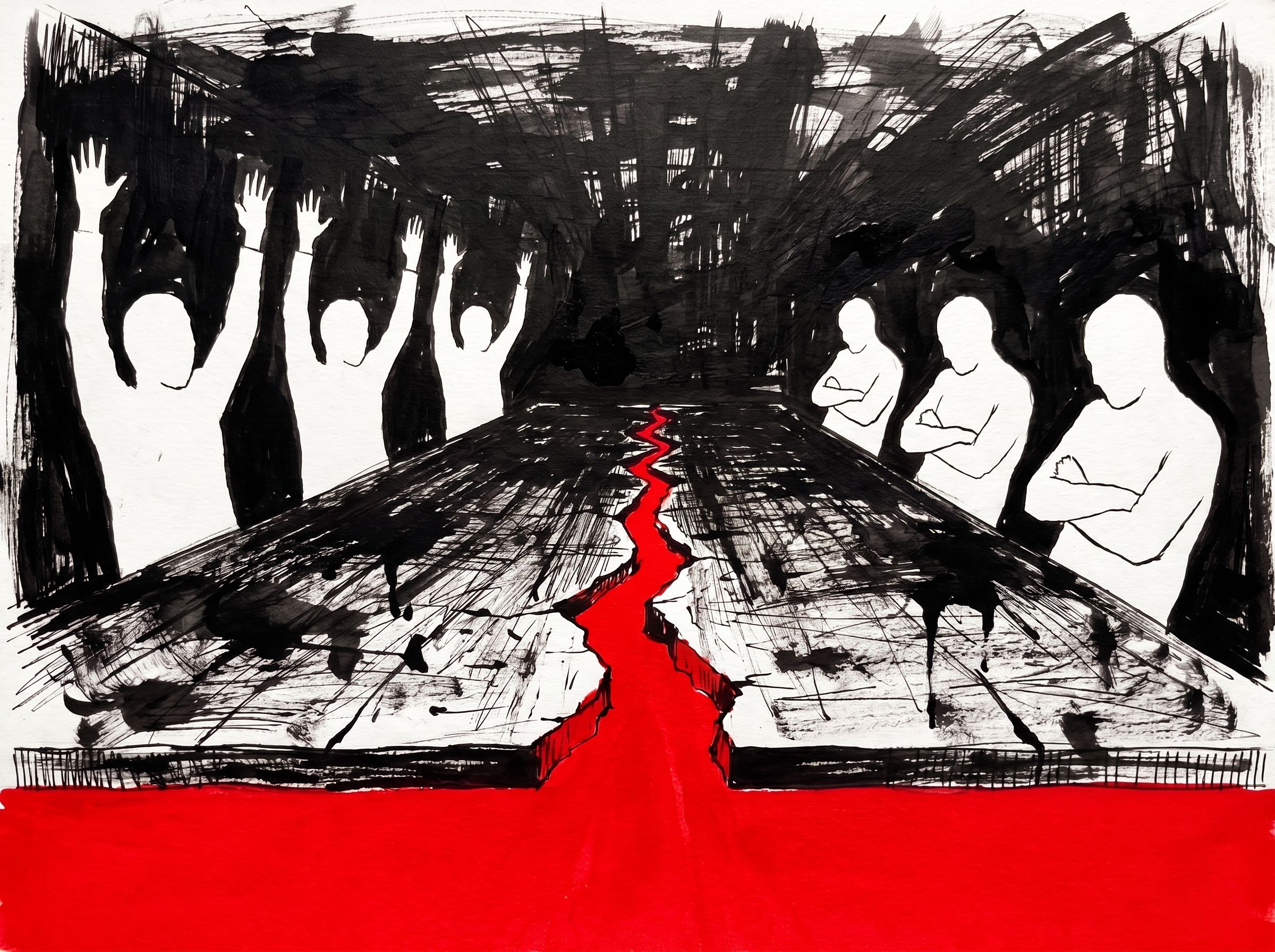 A long conference table seen from its head: three white cut-out figures with arms raised, three with arms folded, and a cadmium-red fissure splitting the table between them.