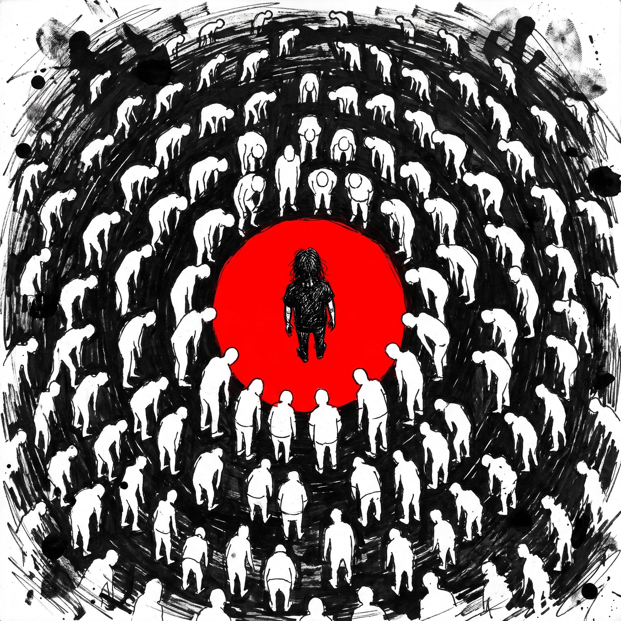 A lone figure stands in a red circle while a ring of white figures bow inward around it.