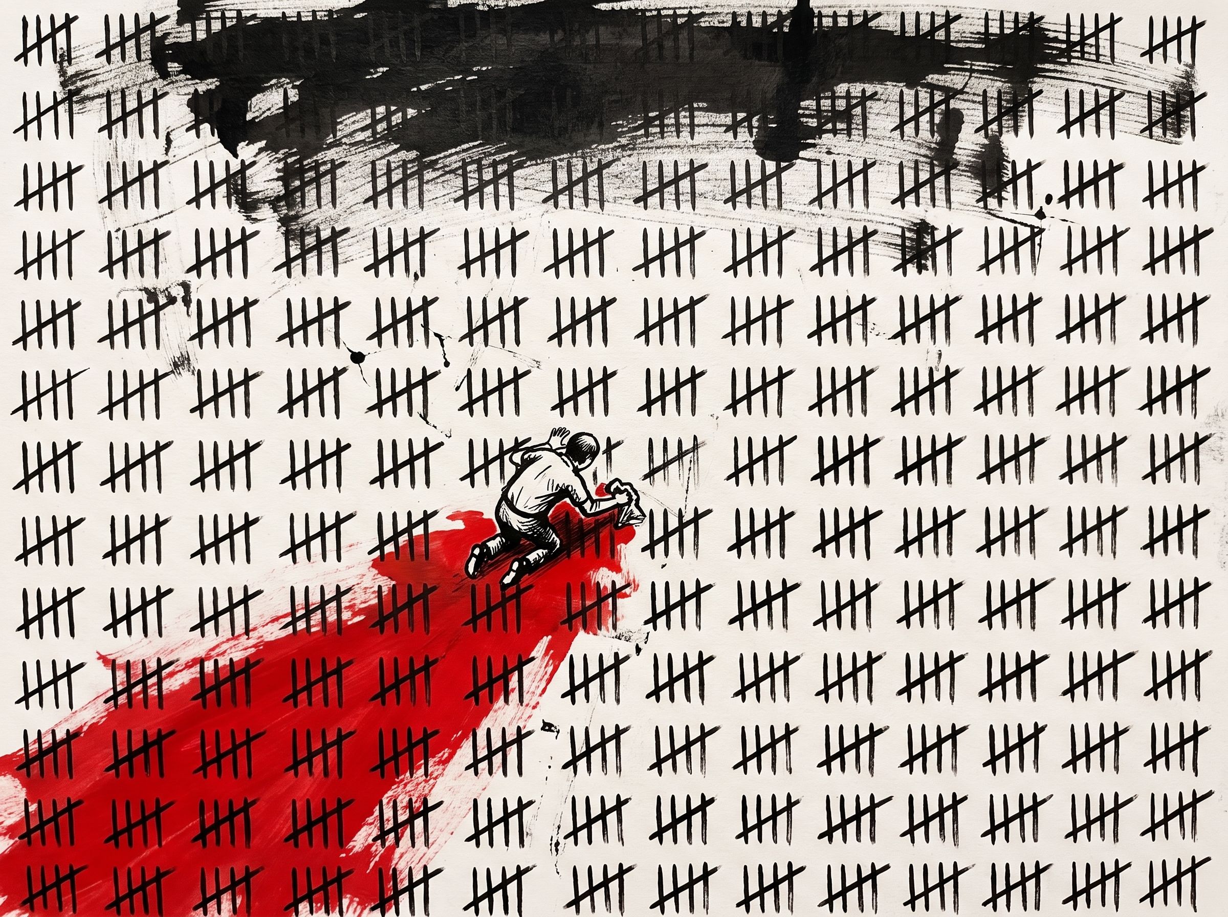 A kneeling figure paints over rows of tally marks, a smear of red spreading from the work.