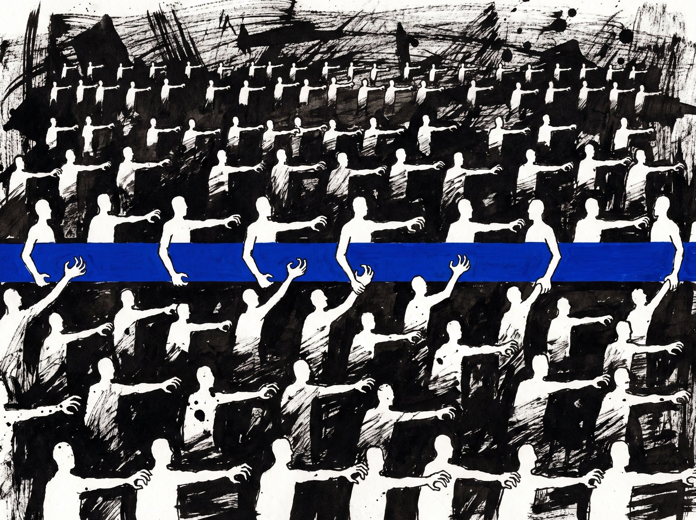 Hundreds of tiny white figures cut out of black, every one reaching for a handrail that is not there — only a hard blue band where the rail should be.