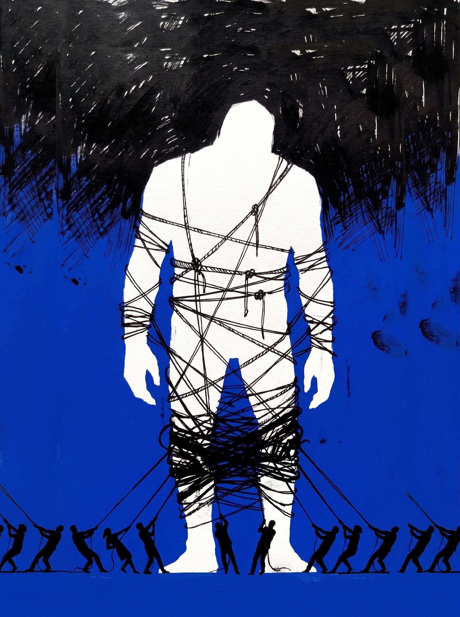 A blank white giant cut out of a wall of cobalt blue, head swallowed by a black storm, bound in hundreds of hand-tied cords hauled taut by tiny figures.