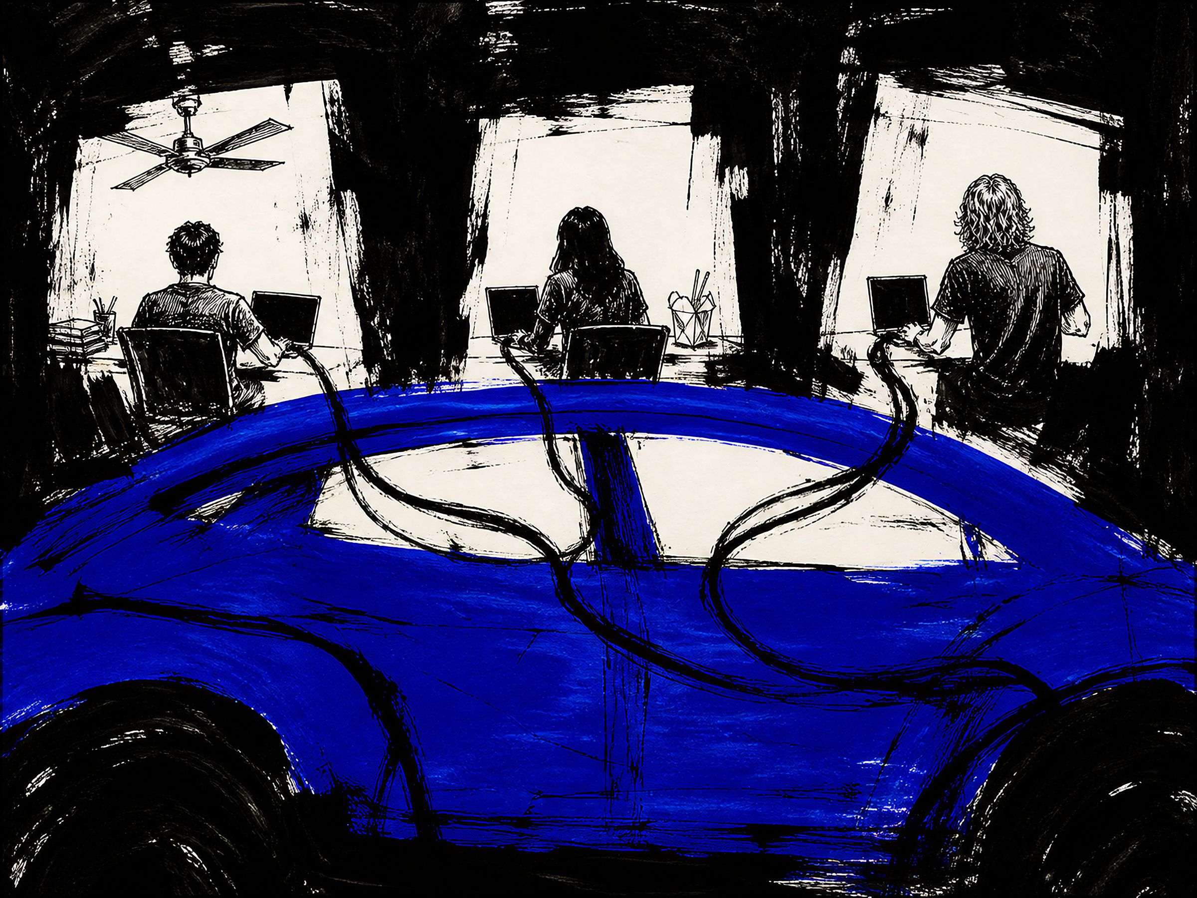 Three remote workers sit at laptops in three lit windows cut into a black wall; heavy black cables run from their machines down into an enormous ultramarine car filling the foreground.