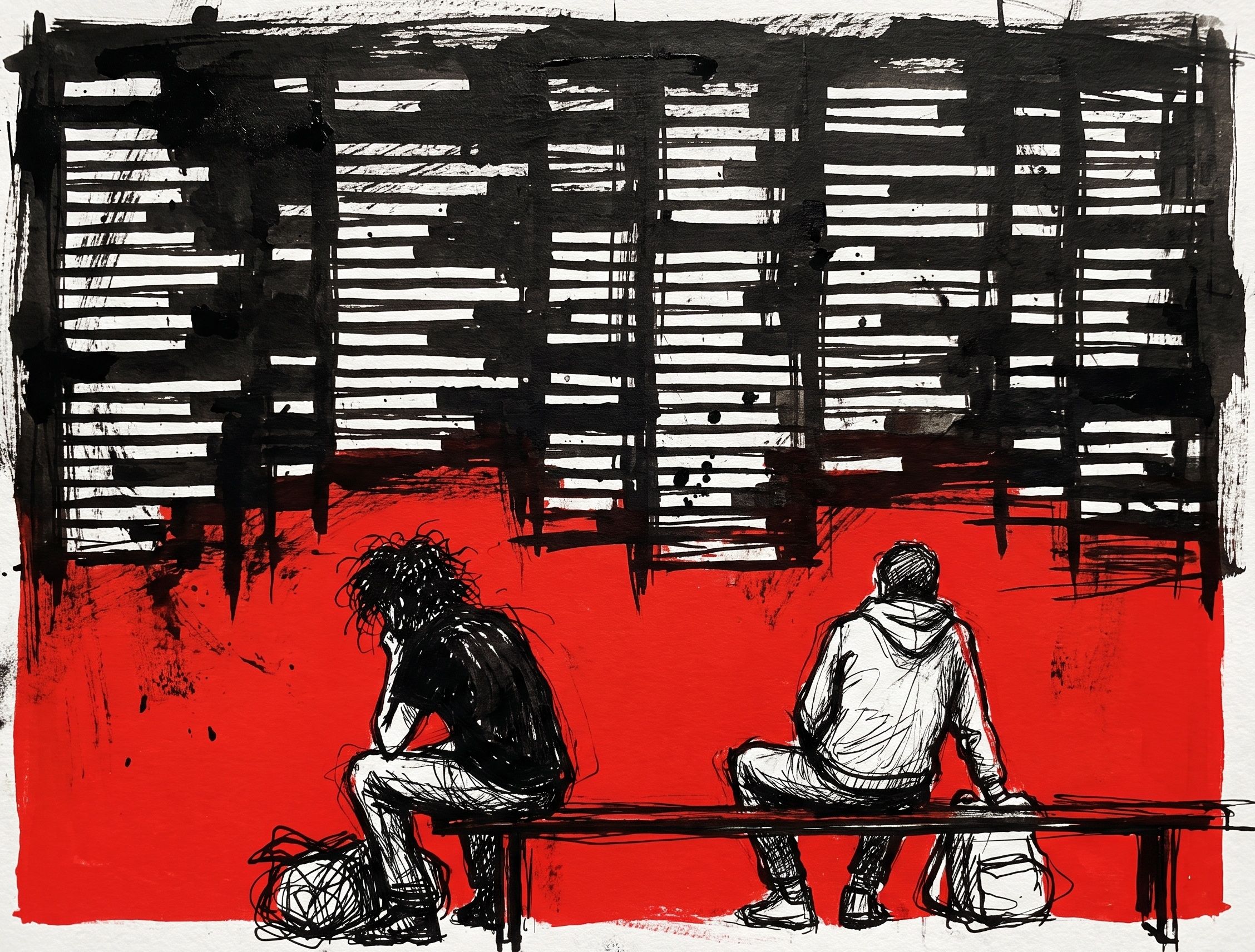 Two people sit on a bench against a wall of airport blinds, waiting, bags at their feet.