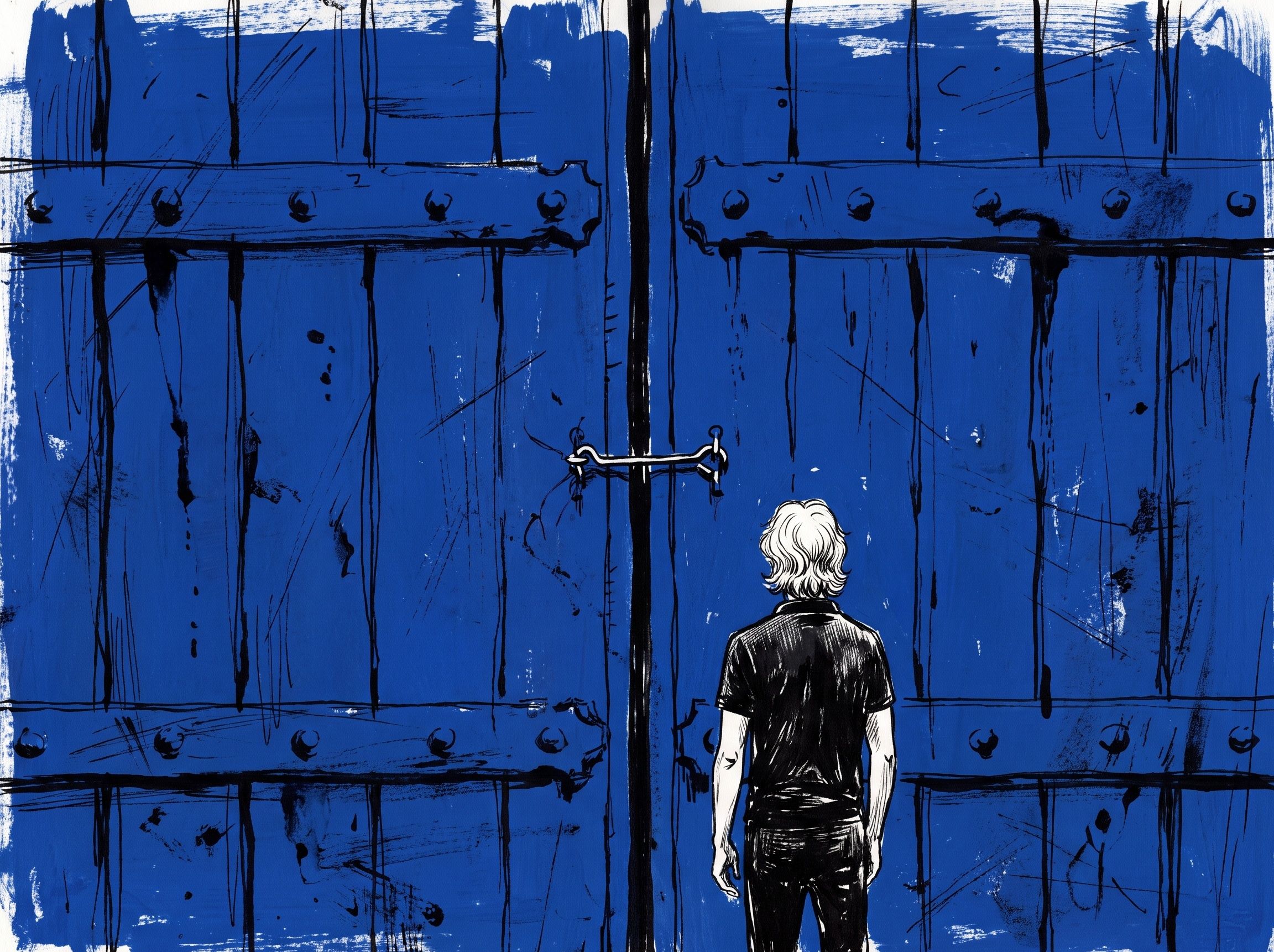 A monumental blue vault door with heavy iron straps, held shut by one small flimsy hook latch, while a man stands before it looking up.