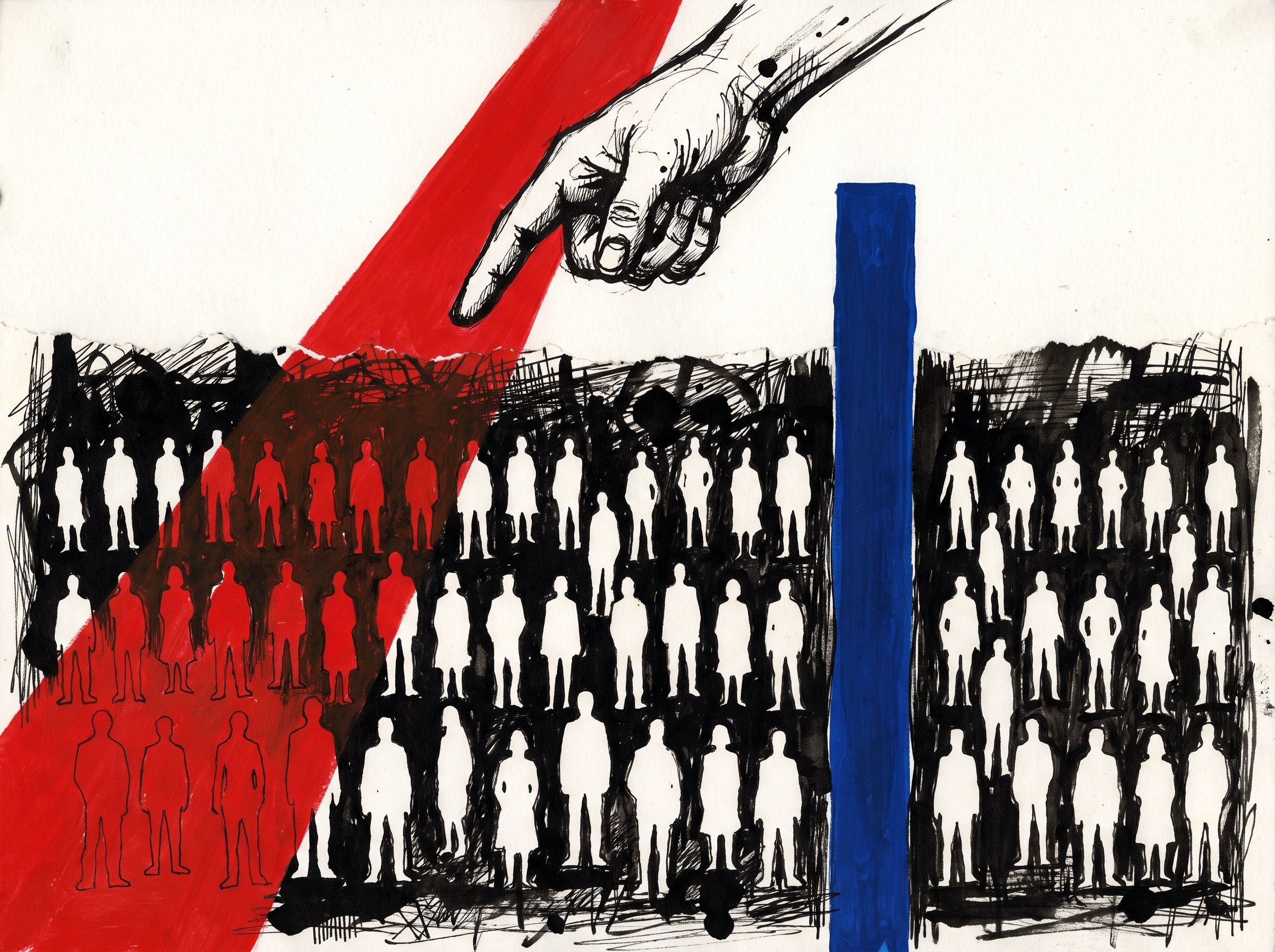 An enormous inked hand points down into ranks of hand-cut white figures; a diagonal beam of cadmium red stains the ones it lands on.