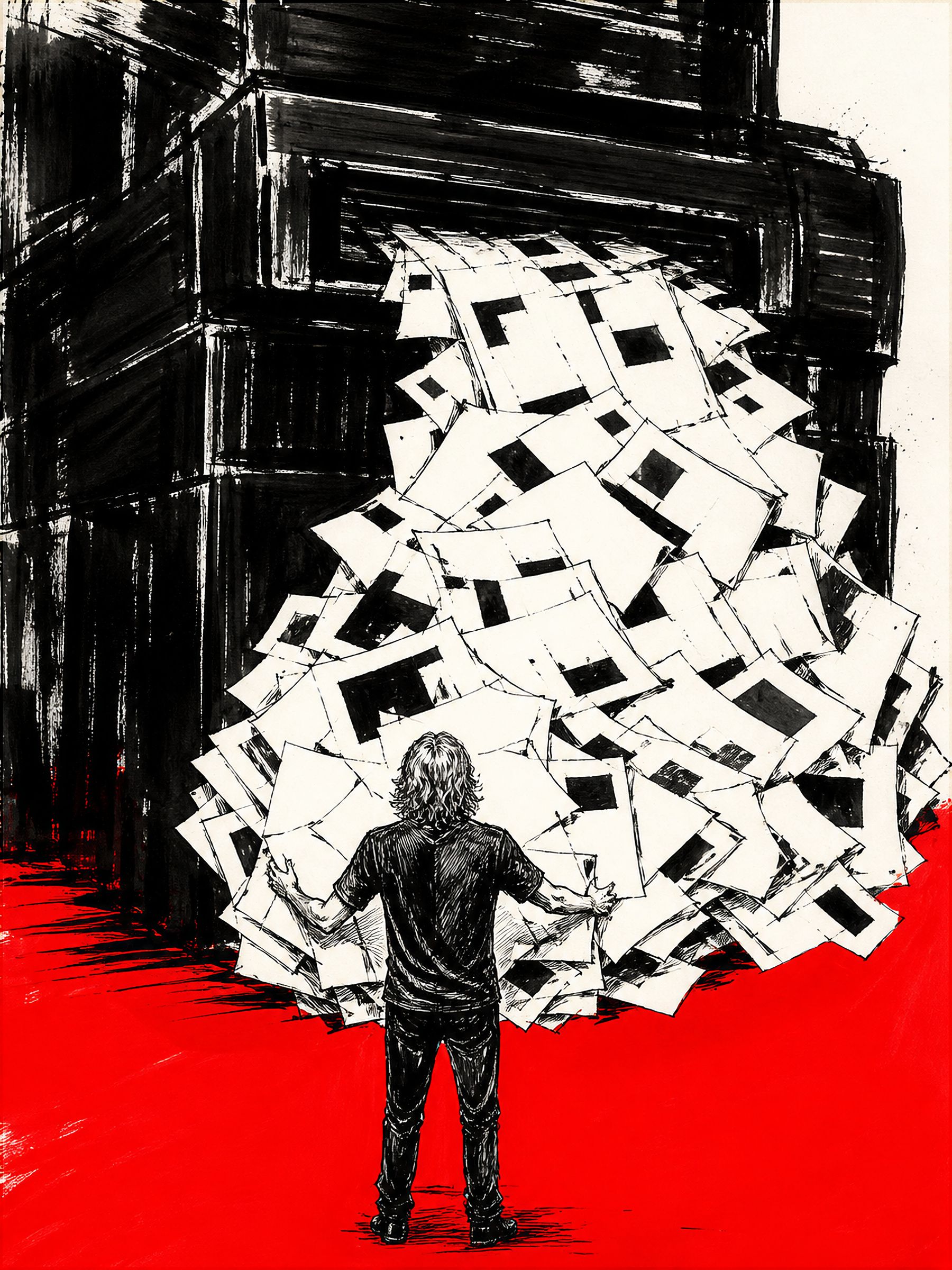 A figure seen from behind stands on a red floor with both arms out, catching an avalanche of printed pages pouring from a colossal black printer.