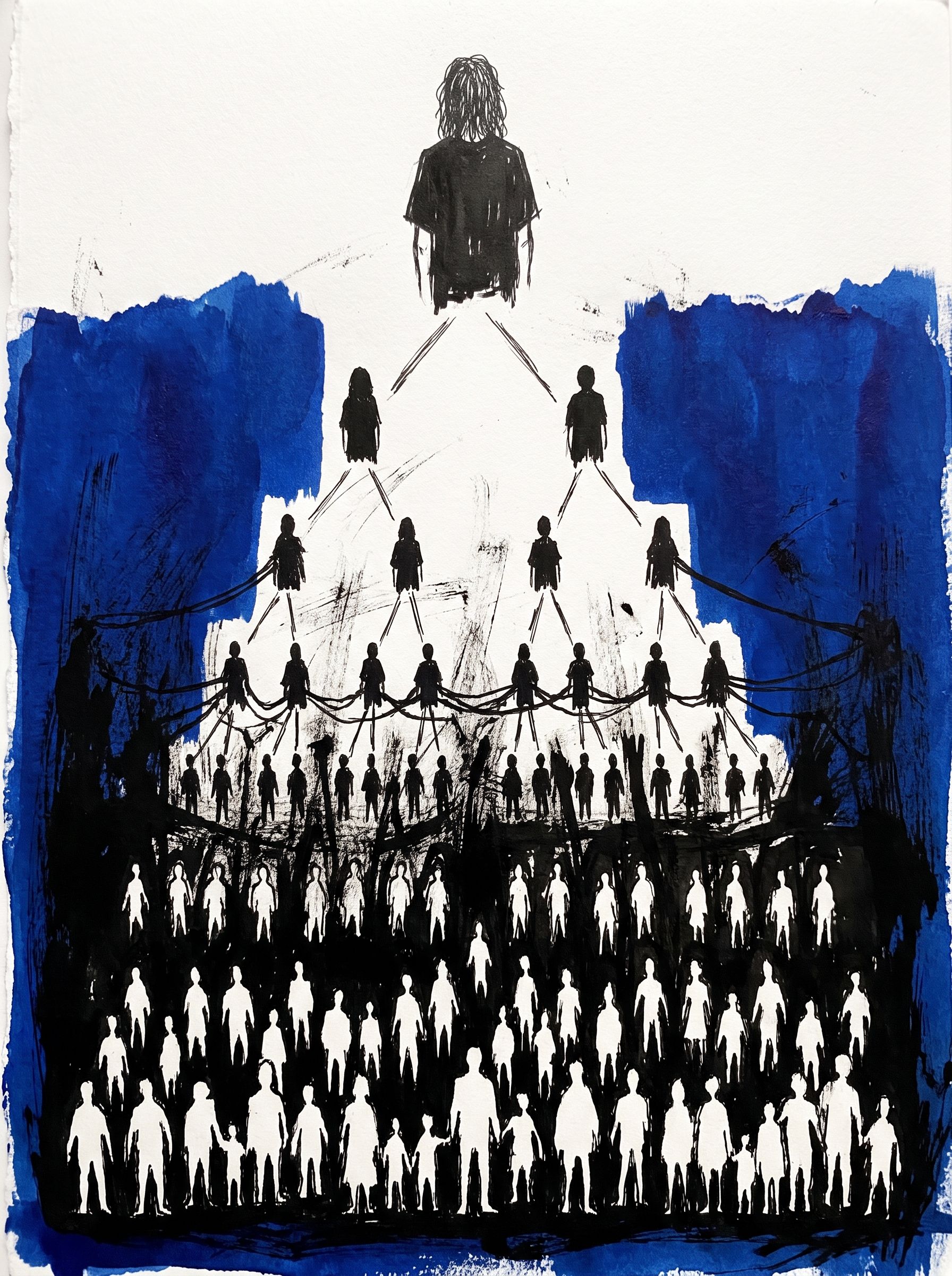 A figure at the top of a pyramid deploys rows of smaller figures that multiply downward into a crowd.