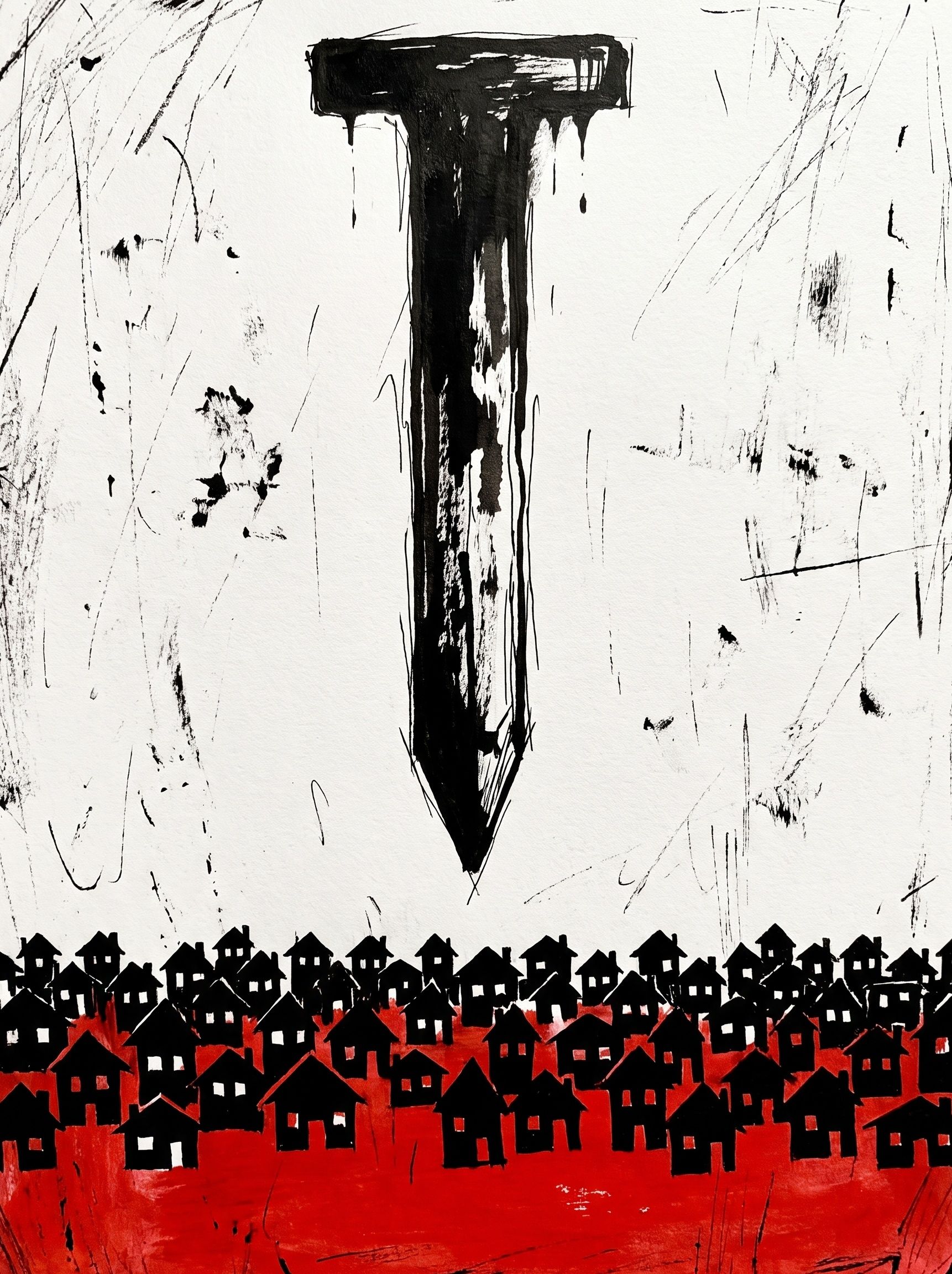 One enormous straight black spike falling from the top of the page toward hundreds of tiny white houses packed to every edge.