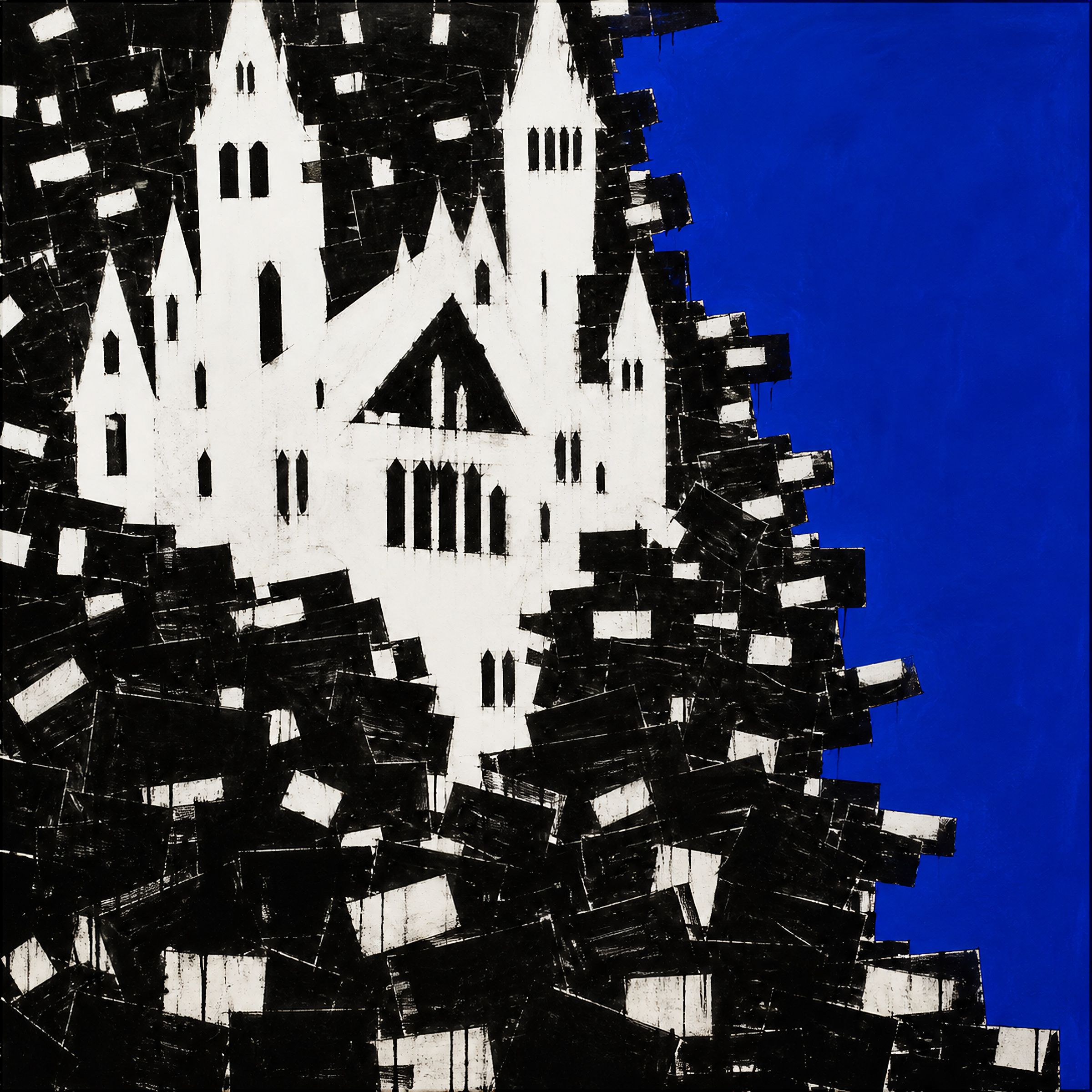 A white Gothic castle with spires rises out of a dense black-and-white drift of index cards, the whole mass breaking off against a flat ultramarine sky.