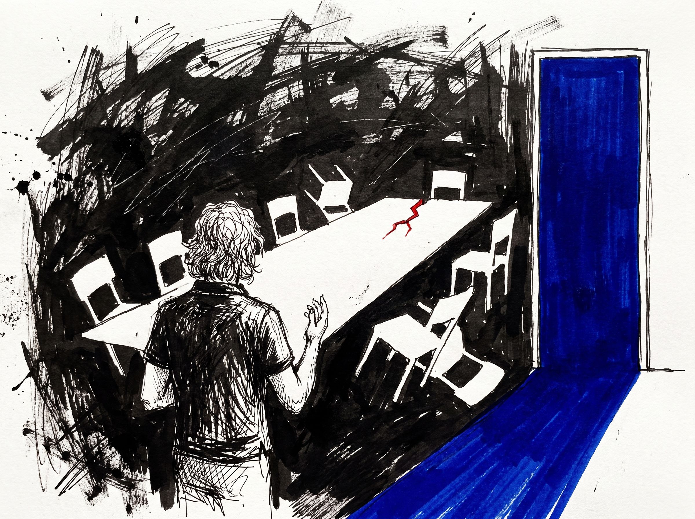 The emptied room: table and shoved chairs cut white out of collapsed black, a cobalt doorway spilling light across the floor, one figure still gesturing to nobody.