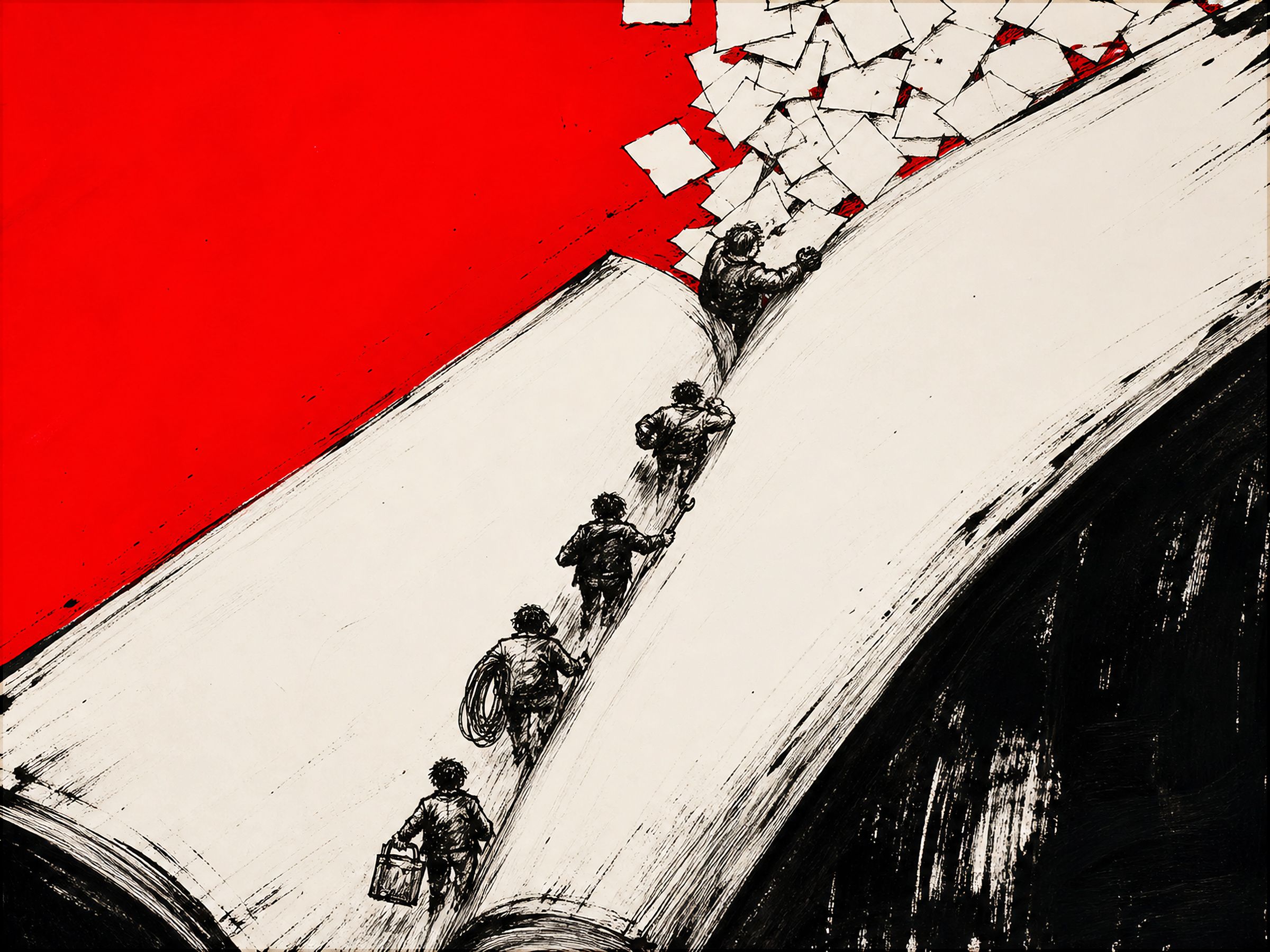 Five small figures carrying tools climb in single file up the spine of an enormous open book, its pages tearing loose into a flat red sky at the summit.