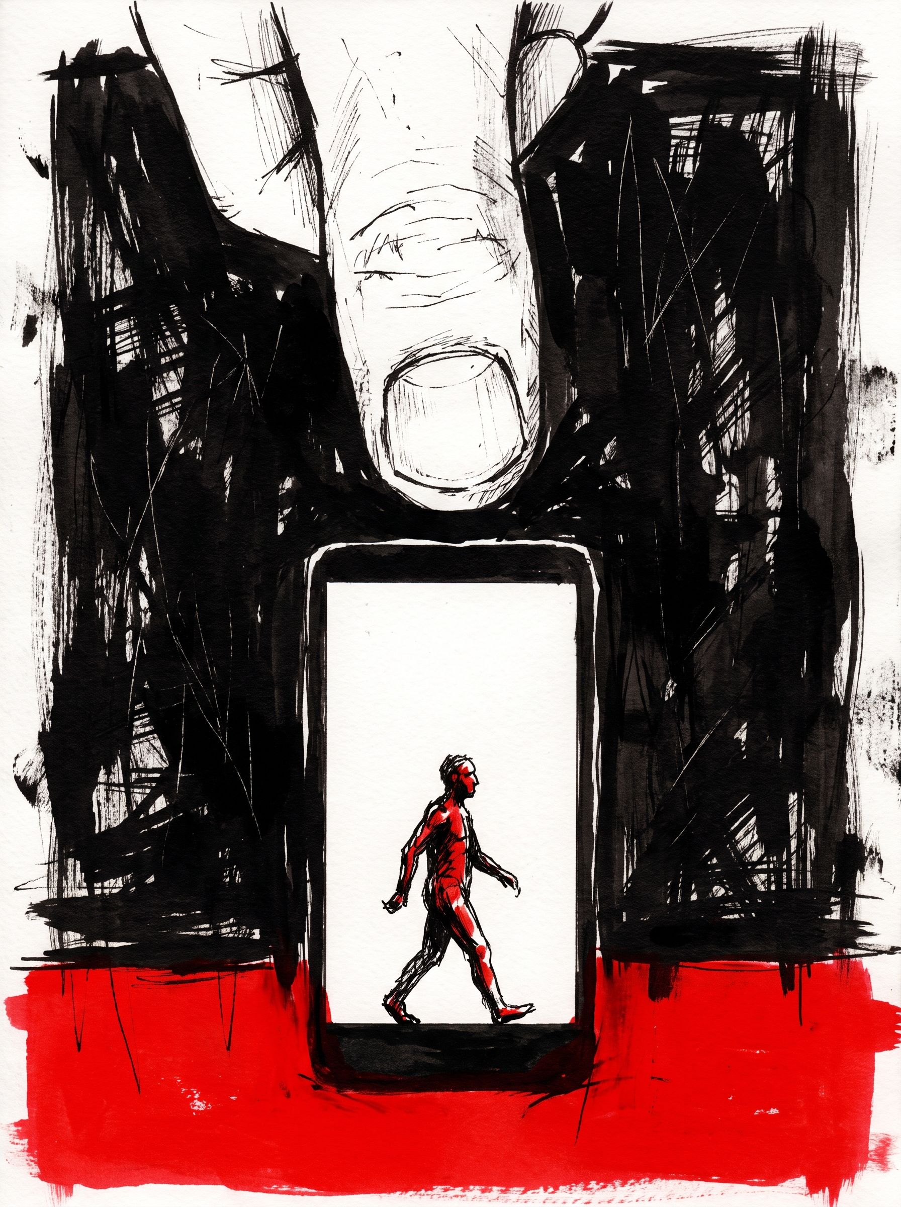 A giant thumb presses a phone whose screen shows a small red figure walking.