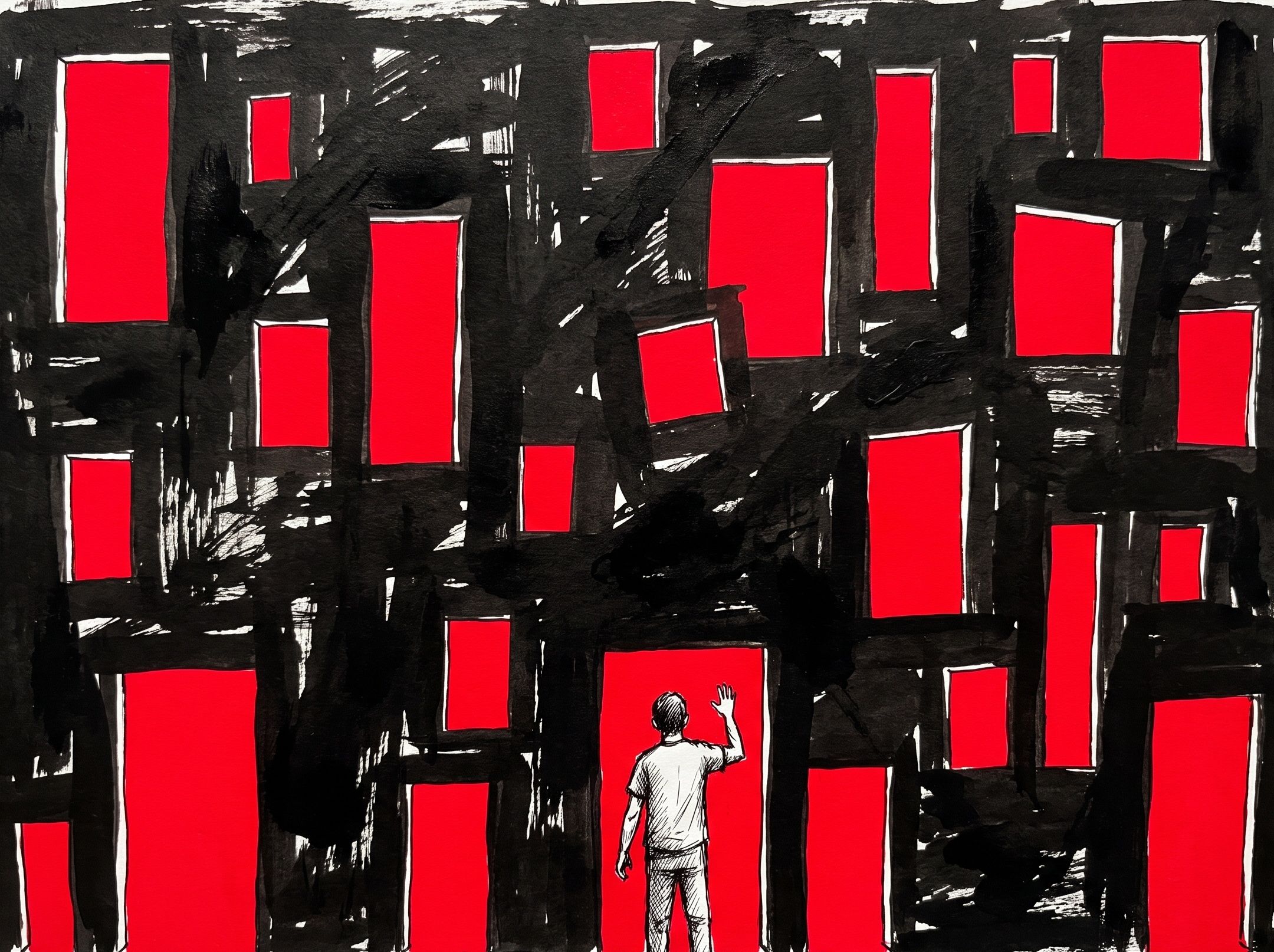 An immense black field with dozens of hard-edged openings flung open across it, every one burning solid red.