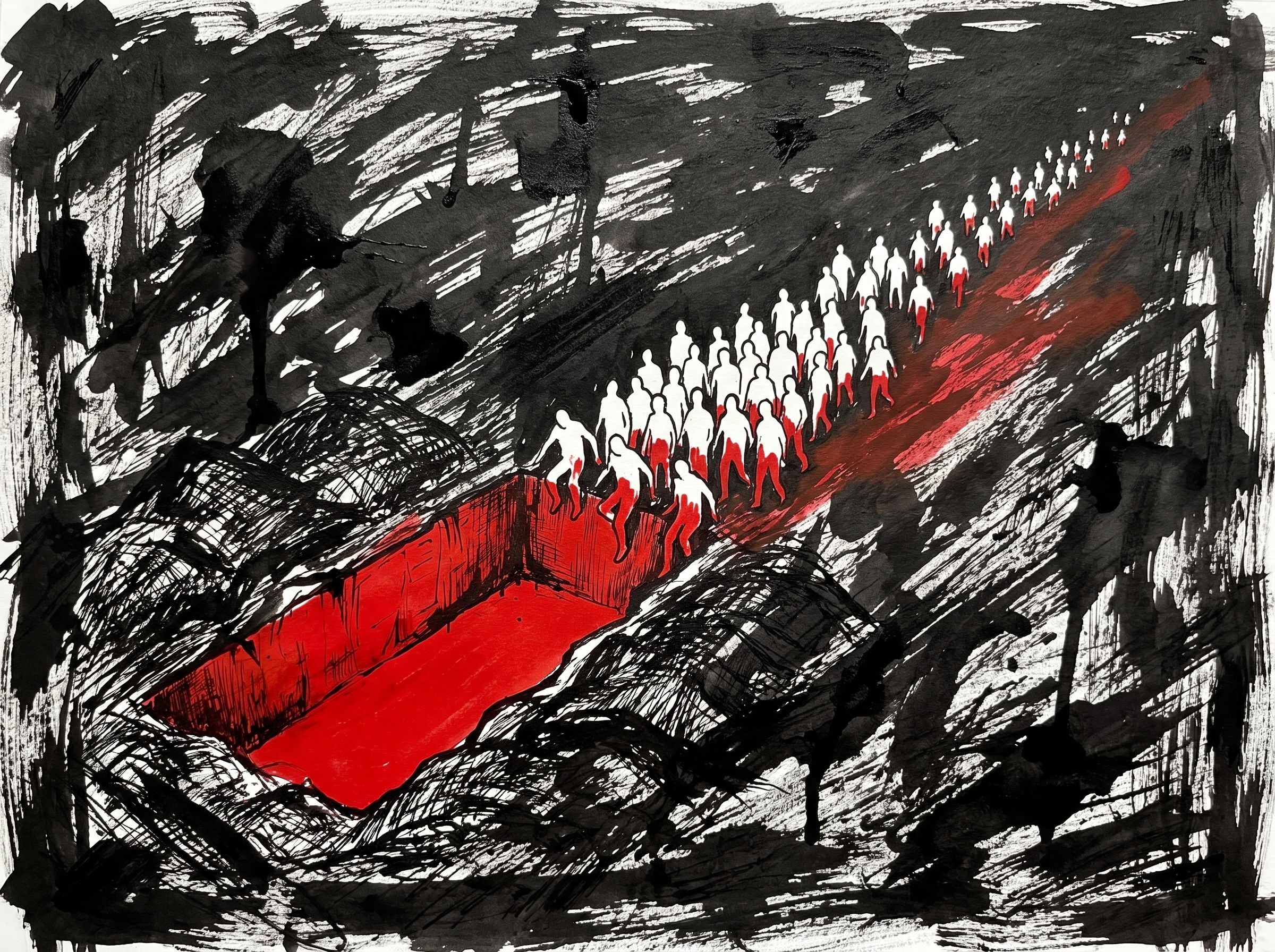 A procession of white figures, lower halves painted red, marches into an open red grave.
